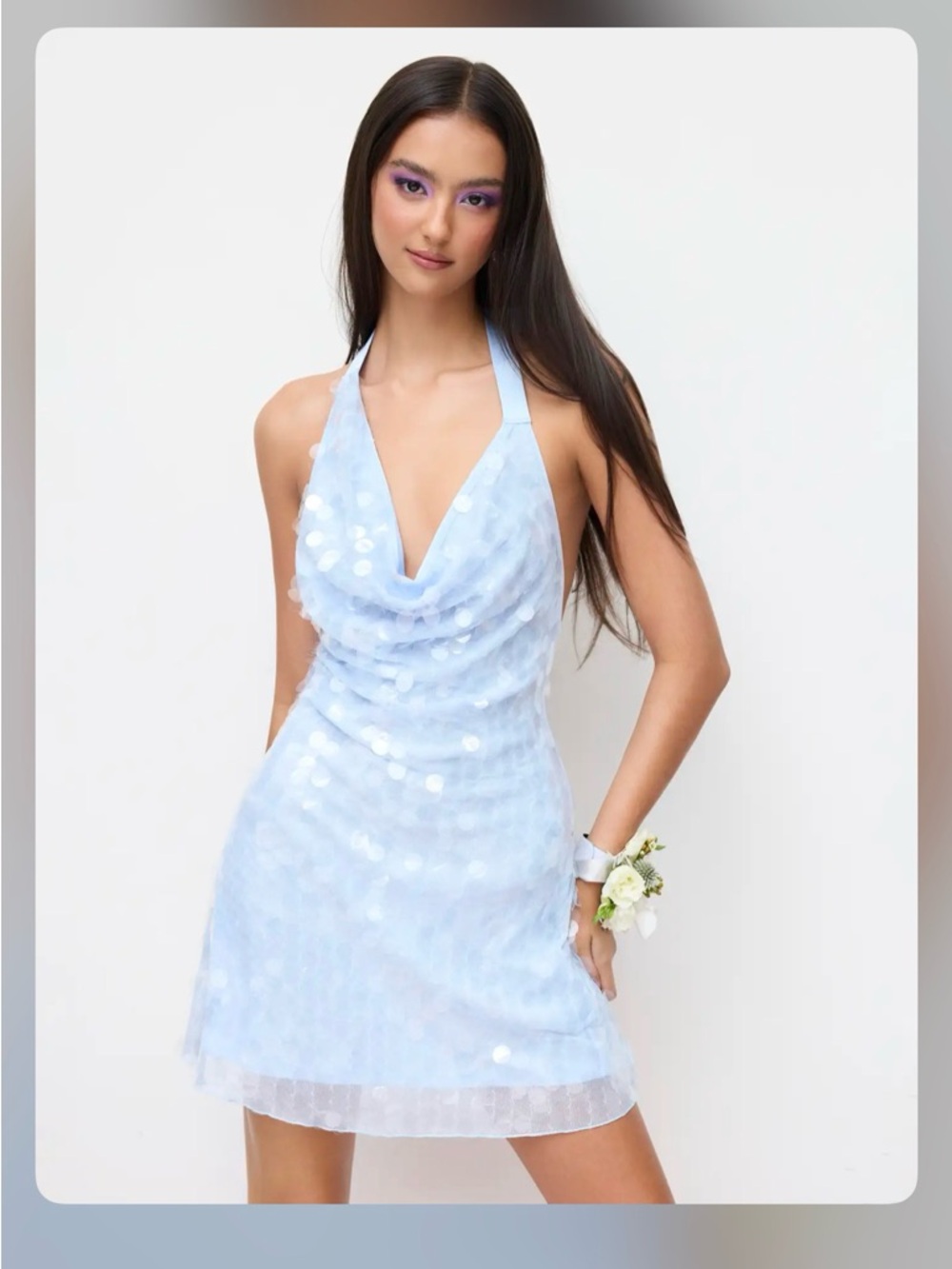 Cider SEQUIN HALTER NECKLINE BACKLESS LETTUCE TRIM MINI DRESS xs cr27-14